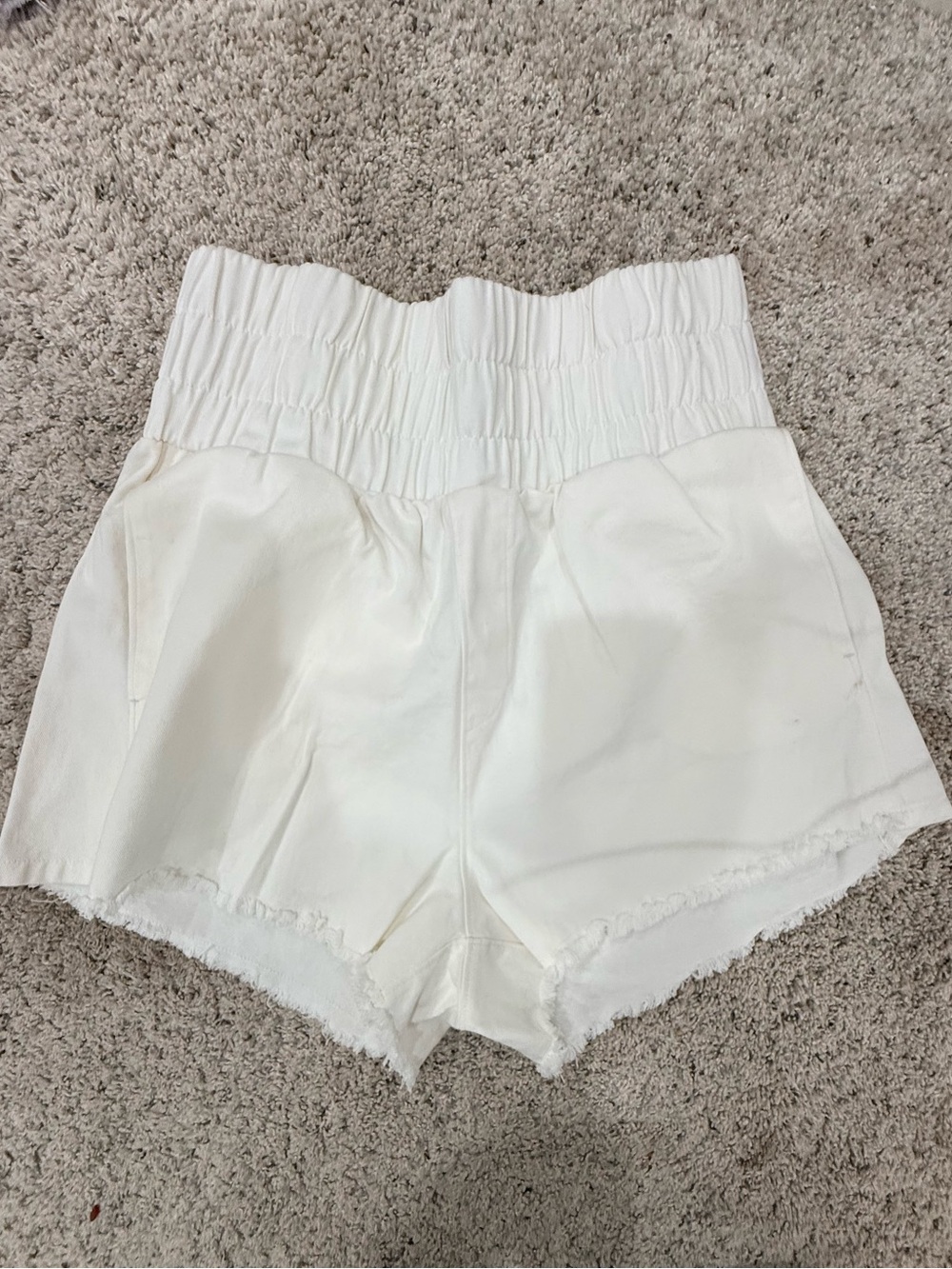 Smocked High-Rise White Shorts with Frayed Hem